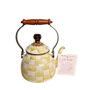 MacKenzie Childs 2 QT Parchment Check Tea Kettle 2 Qt Light Lime Greenish Tone